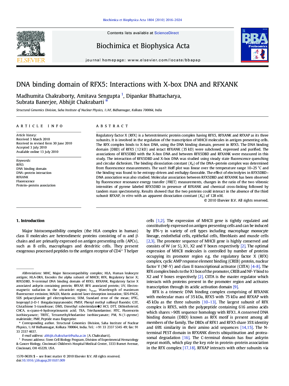 DNA binding domain of RFX5: Interactions with X-box DNA and RFXANK