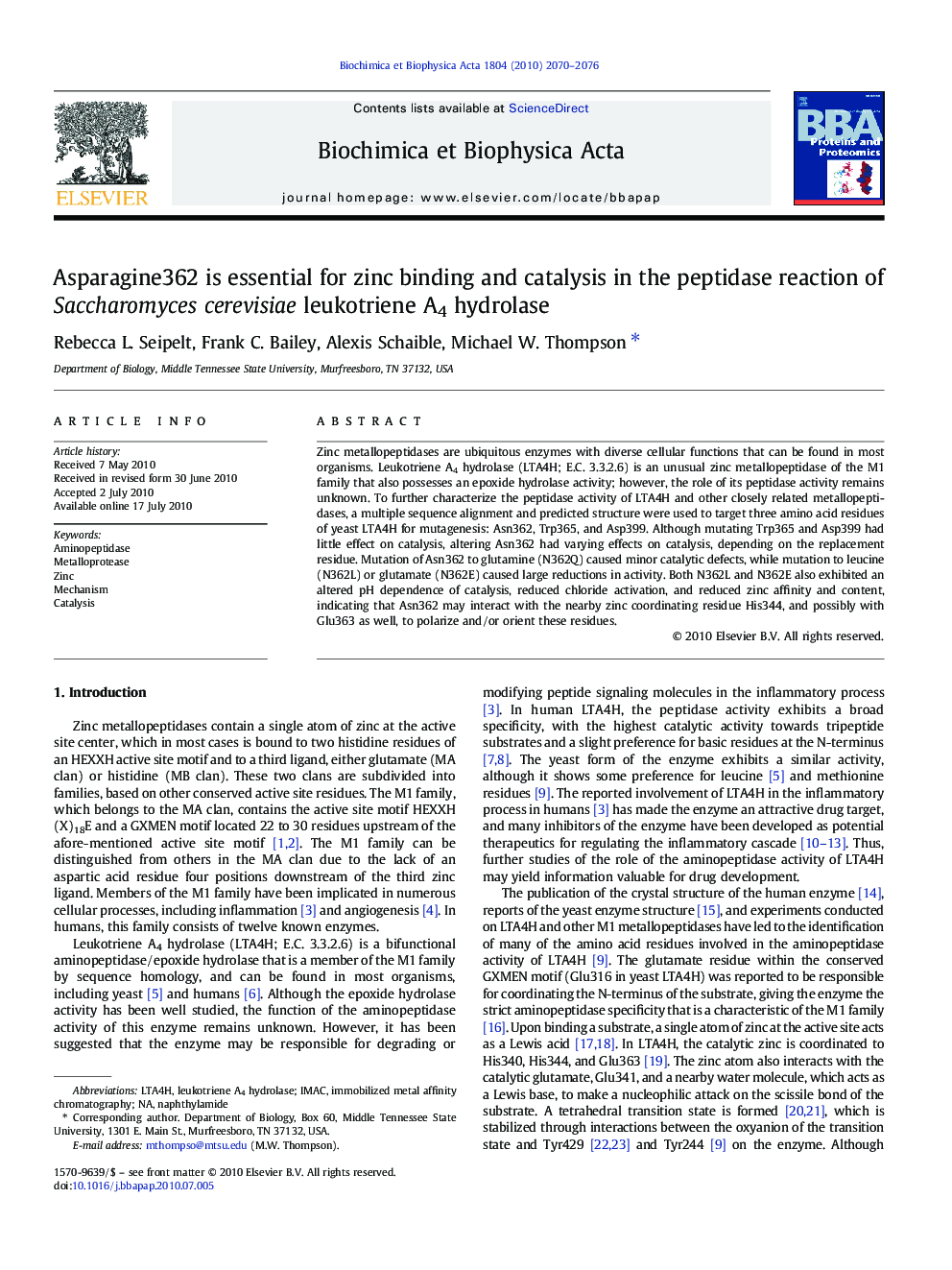 Asparagine362 is essential for zinc binding and catalysis in the peptidase reaction of Saccharomyces cerevisiae leukotriene A4 hydrolase