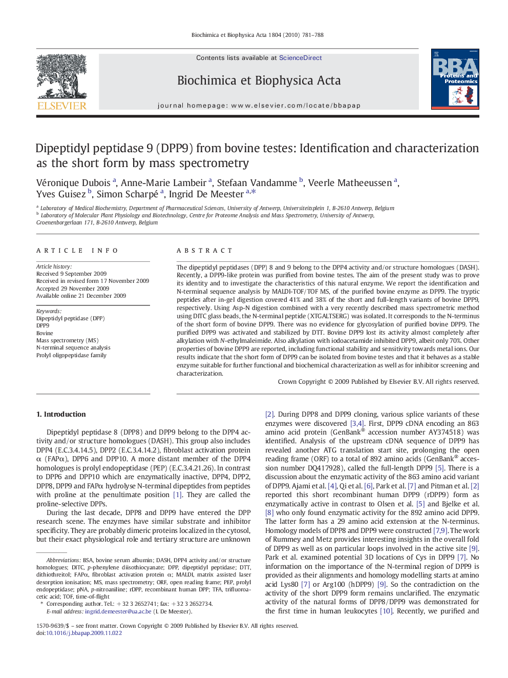 Dipeptidyl peptidase 9 (DPP9) from bovine testes: Identification and characterization as the short form by mass spectrometry