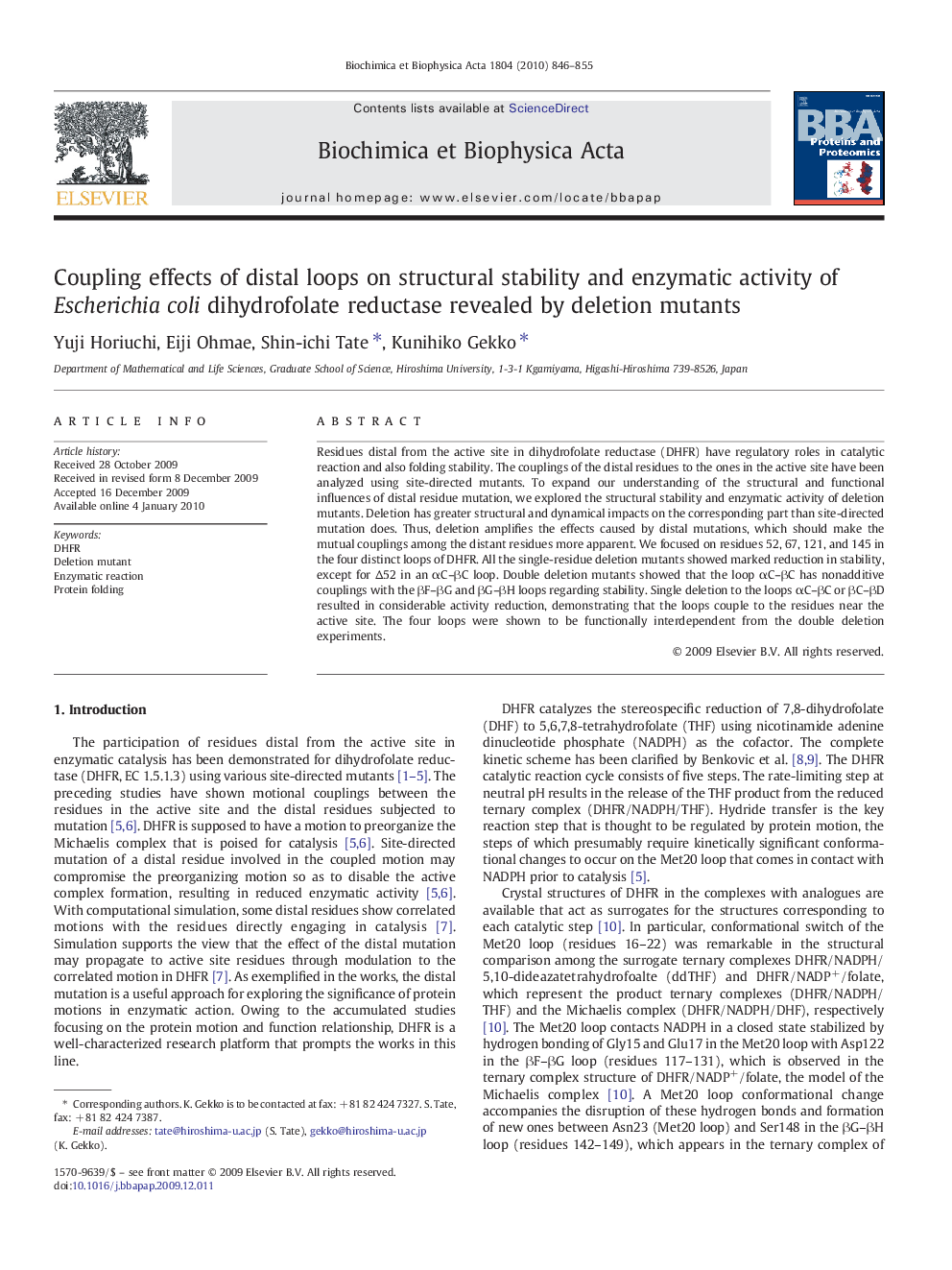 Coupling effects of distal loops on structural stability and enzymatic activity of Escherichia coli dihydrofolate reductase revealed by deletion mutants