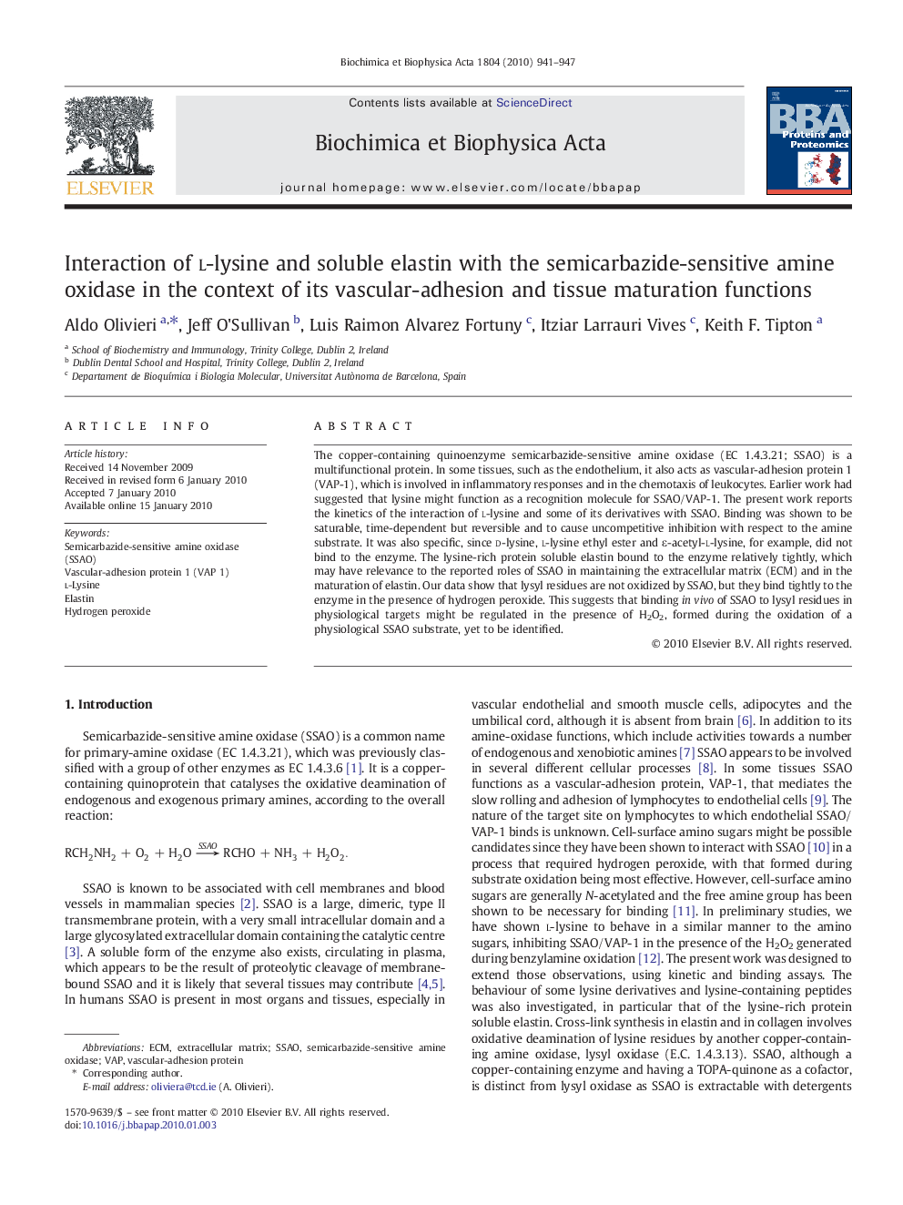 Interaction of l-lysine and soluble elastin with the semicarbazide-sensitive amine oxidase in the context of its vascular-adhesion and tissue maturation functions