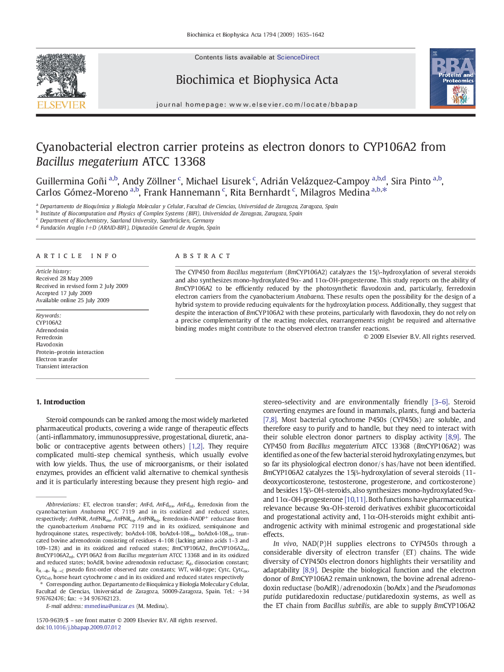 Cyanobacterial electron carrier proteins as electron donors to CYP106A2 from Bacillus megaterium ATCC 13368