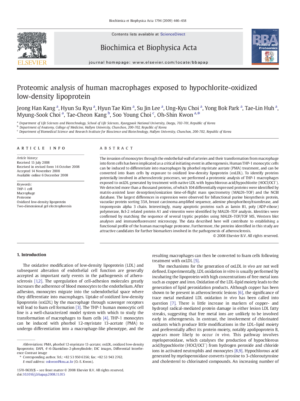 Proteomic analysis of human macrophages exposed to hypochlorite-oxidized low-density lipoprotein