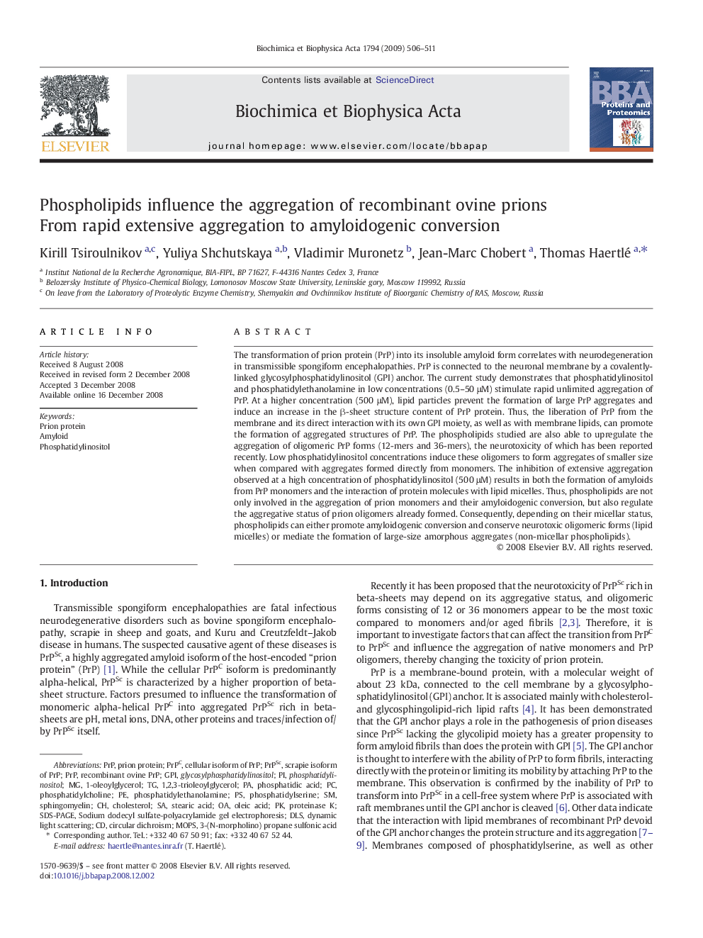 Phospholipids influence the aggregation of recombinant ovine prions: From rapid extensive aggregation to amyloidogenic conversion