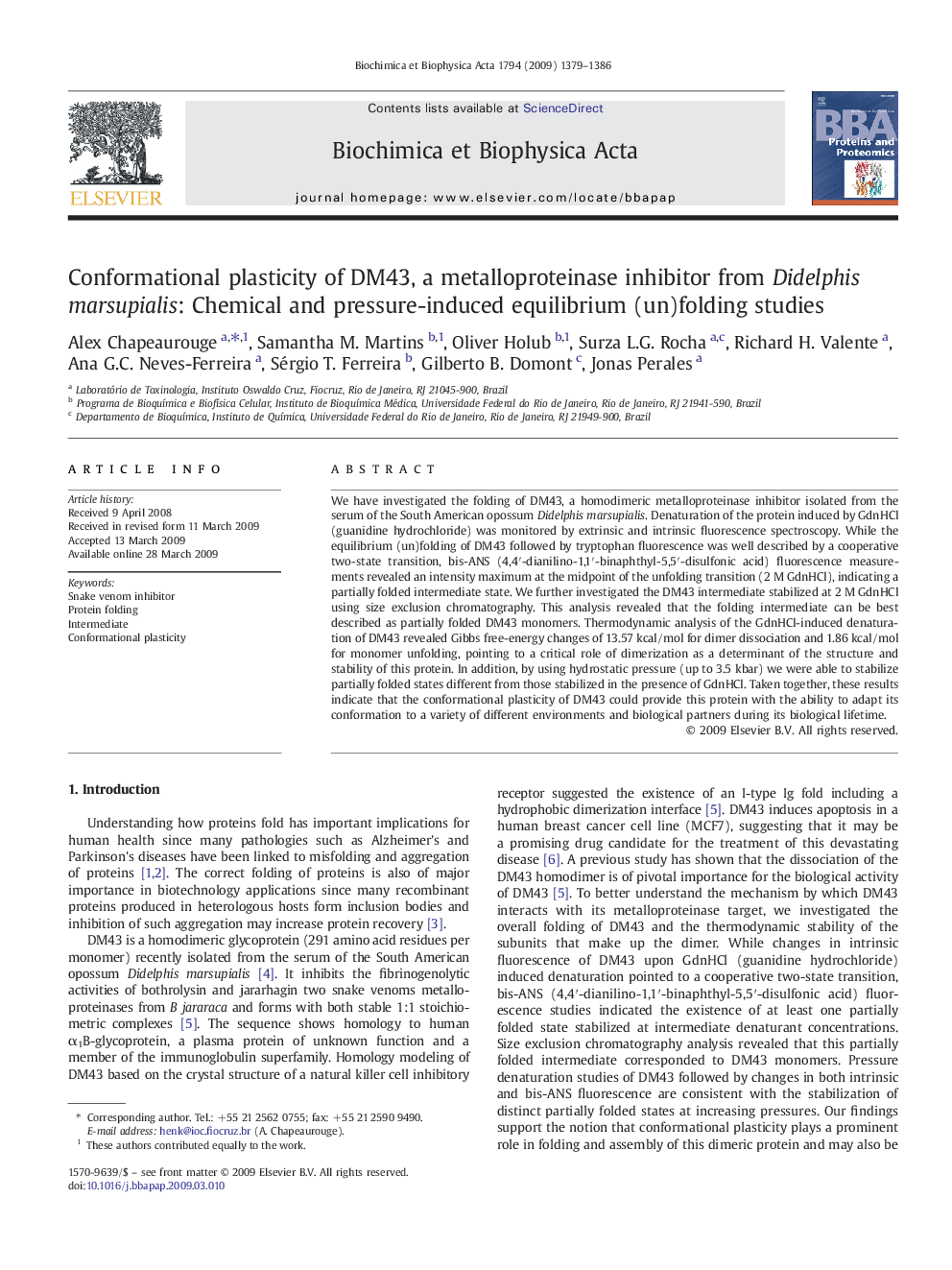 Conformational plasticity of DM43, a metalloproteinase inhibitor from Didelphis marsupialis: Chemical and pressure-induced equilibrium (un)folding studies