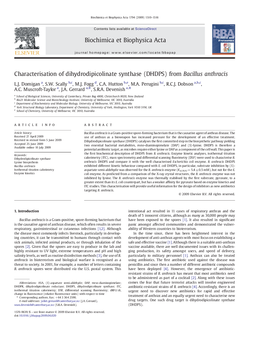 Characterisation of dihydrodipicolinate synthase (DHDPS) from Bacillus anthracis