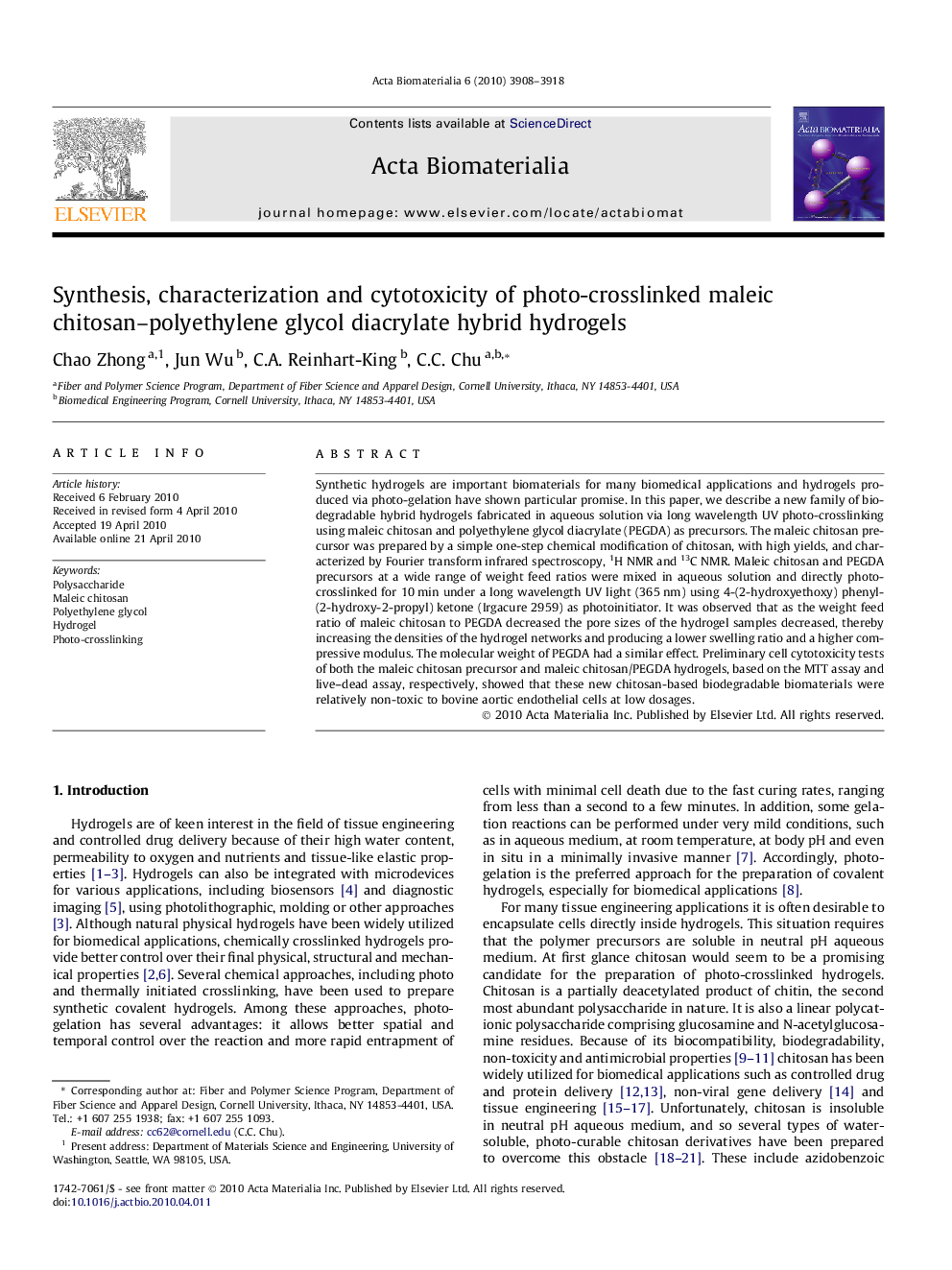 Synthesis, characterization and cytotoxicity of photo-crosslinked maleic chitosan–polyethylene glycol diacrylate hybrid hydrogels