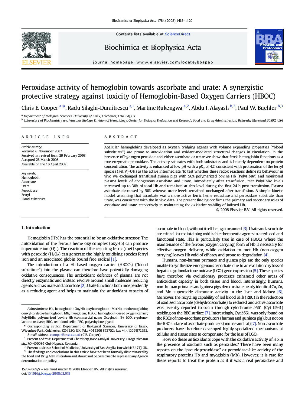 Peroxidase activity of hemoglobin towards ascorbate and urate: A synergistic protective strategy against toxicity of Hemoglobin-Based Oxygen Carriers (HBOC)