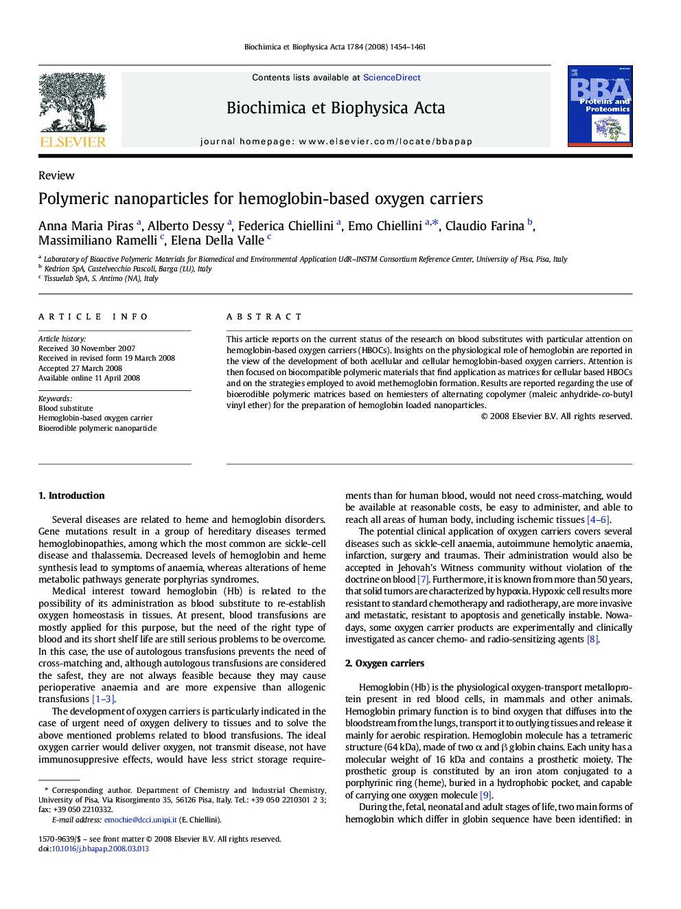 Polymeric nanoparticles for hemoglobin-based oxygen carriers