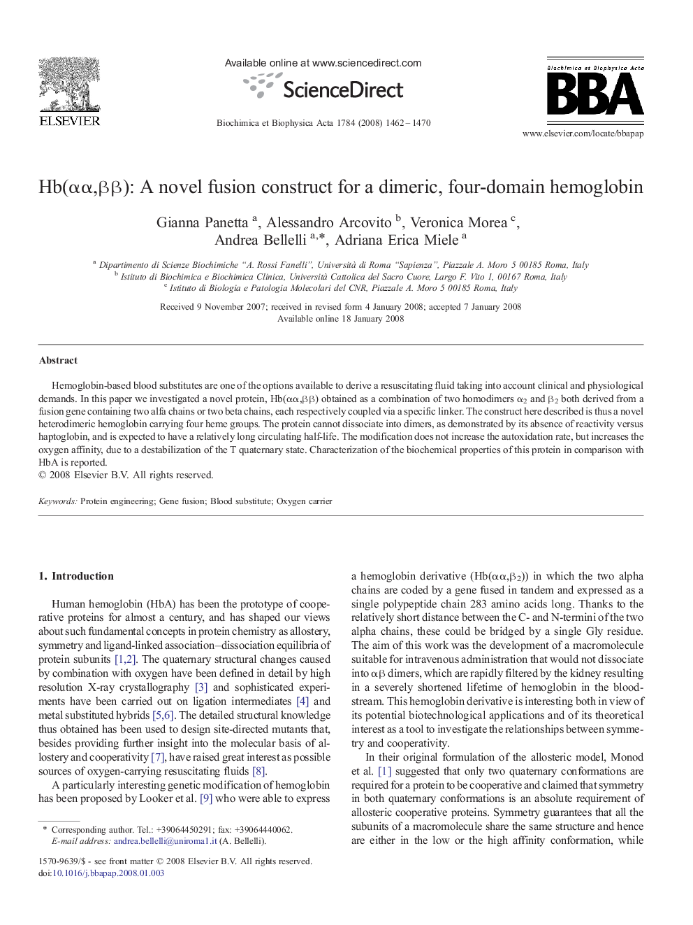 Hb(αα,ββ): A novel fusion construct for a dimeric, four-domain hemoglobin