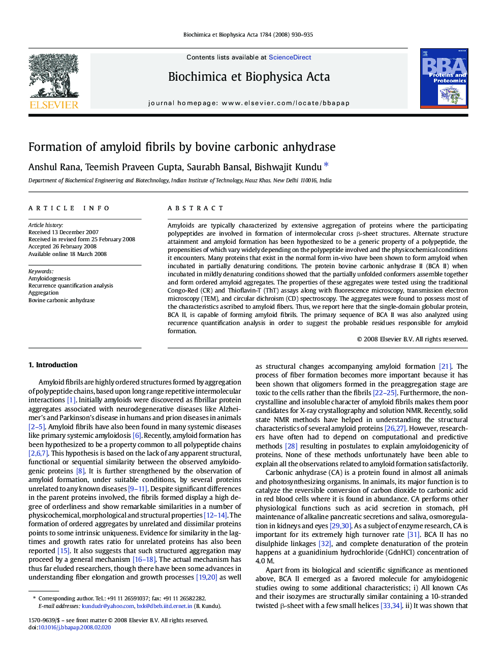 Formation of amyloid fibrils by bovine carbonic anhydrase