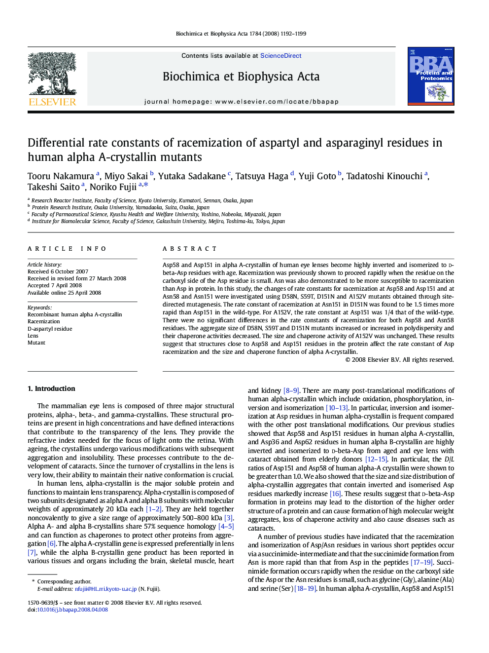 Differential rate constants of racemization of aspartyl and asparaginyl residues in human alpha A-crystallin mutants