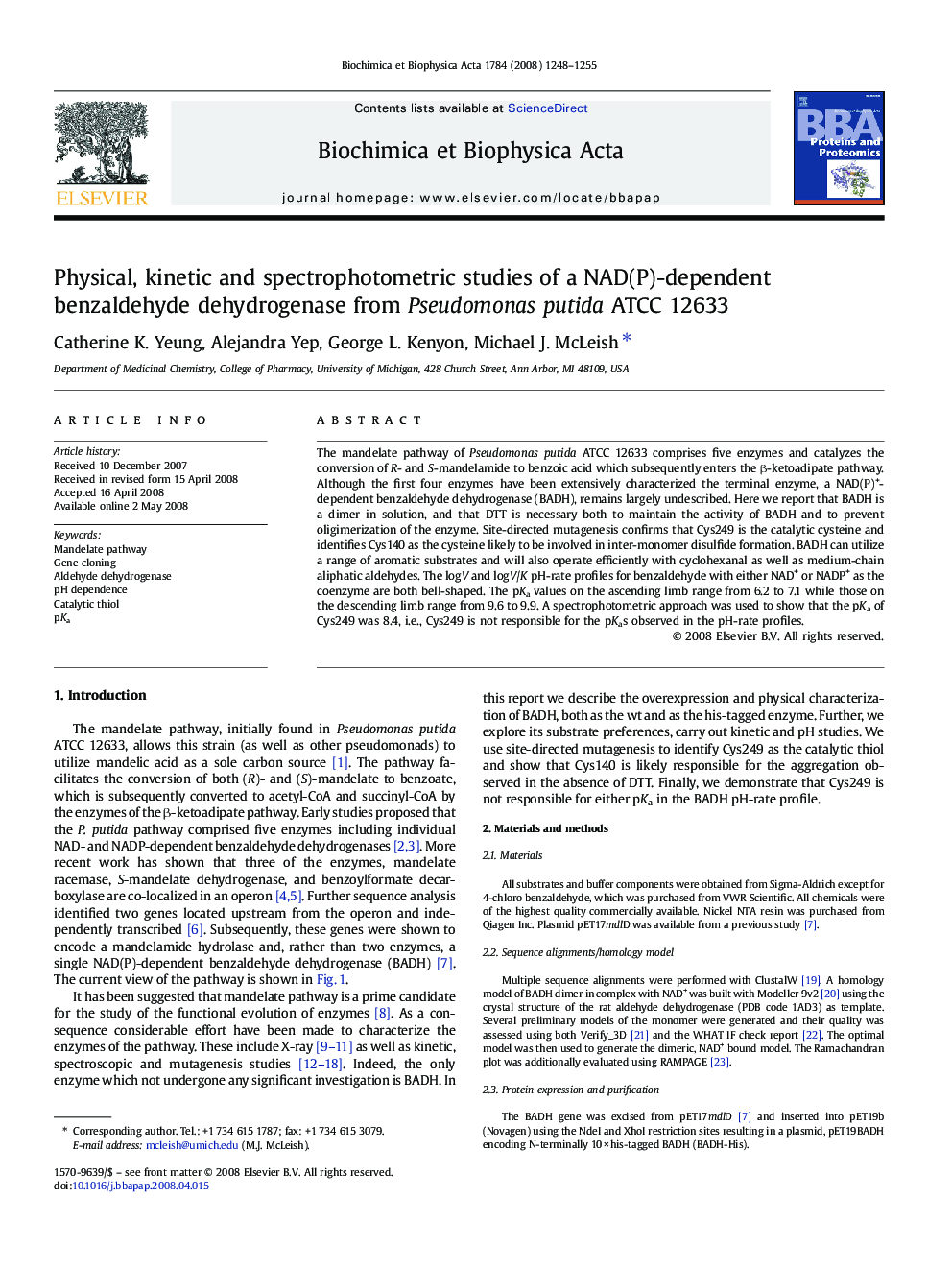 Physical, kinetic and spectrophotometric studies of a NAD(P)-dependent benzaldehyde dehydrogenase from Pseudomonas putida ATCC 12633