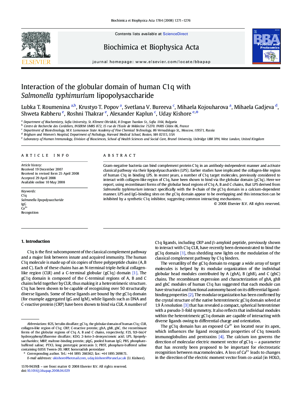 Interaction of the globular domain of human C1q with Salmonella typhimurium lipopolysaccharide