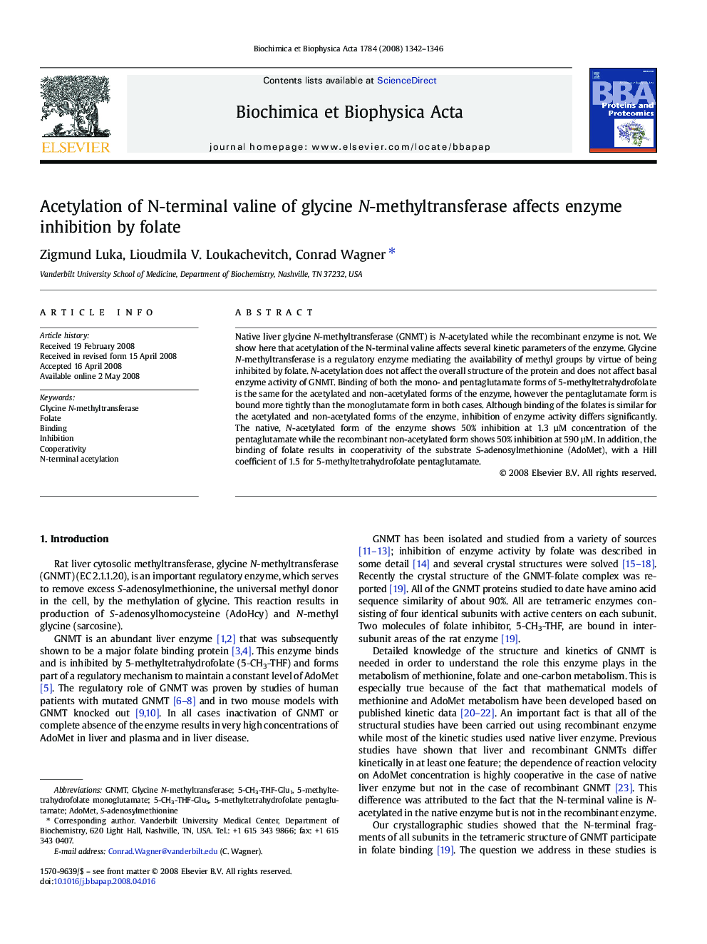 Acetylation of N-terminal valine of glycine N-methyltransferase affects enzyme inhibition by folate