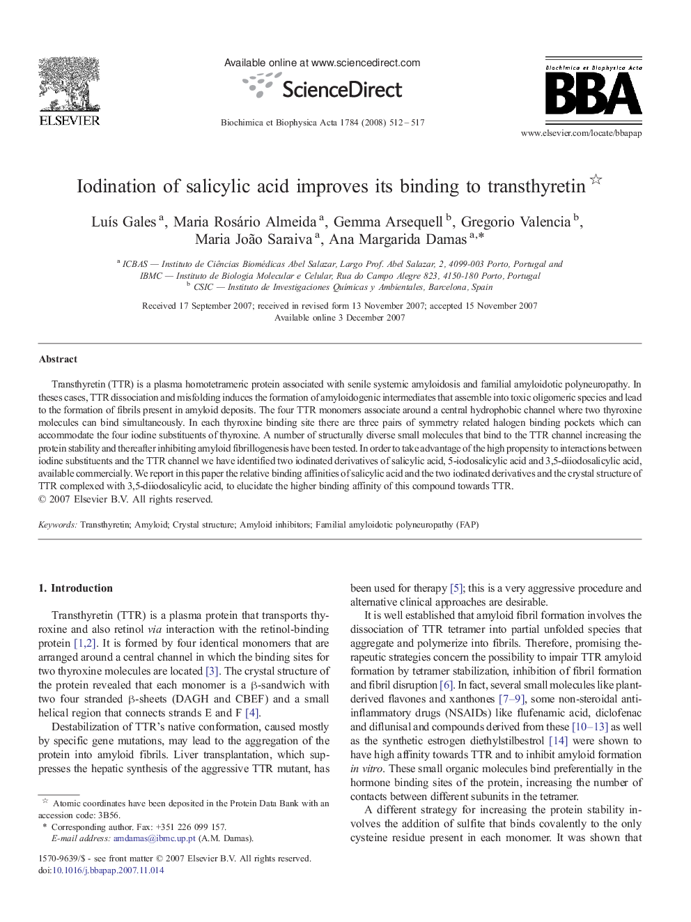 Iodination of salicylic acid improves its binding to transthyretin 