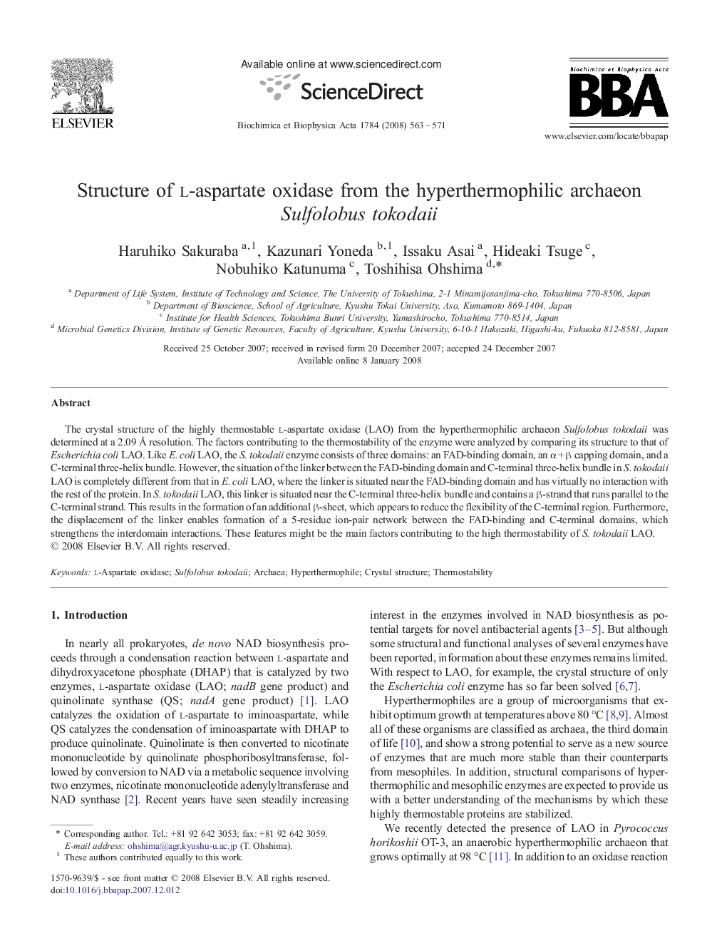 Structure of l-aspartate oxidase from the hyperthermophilic archaeon Sulfolobus tokodaii