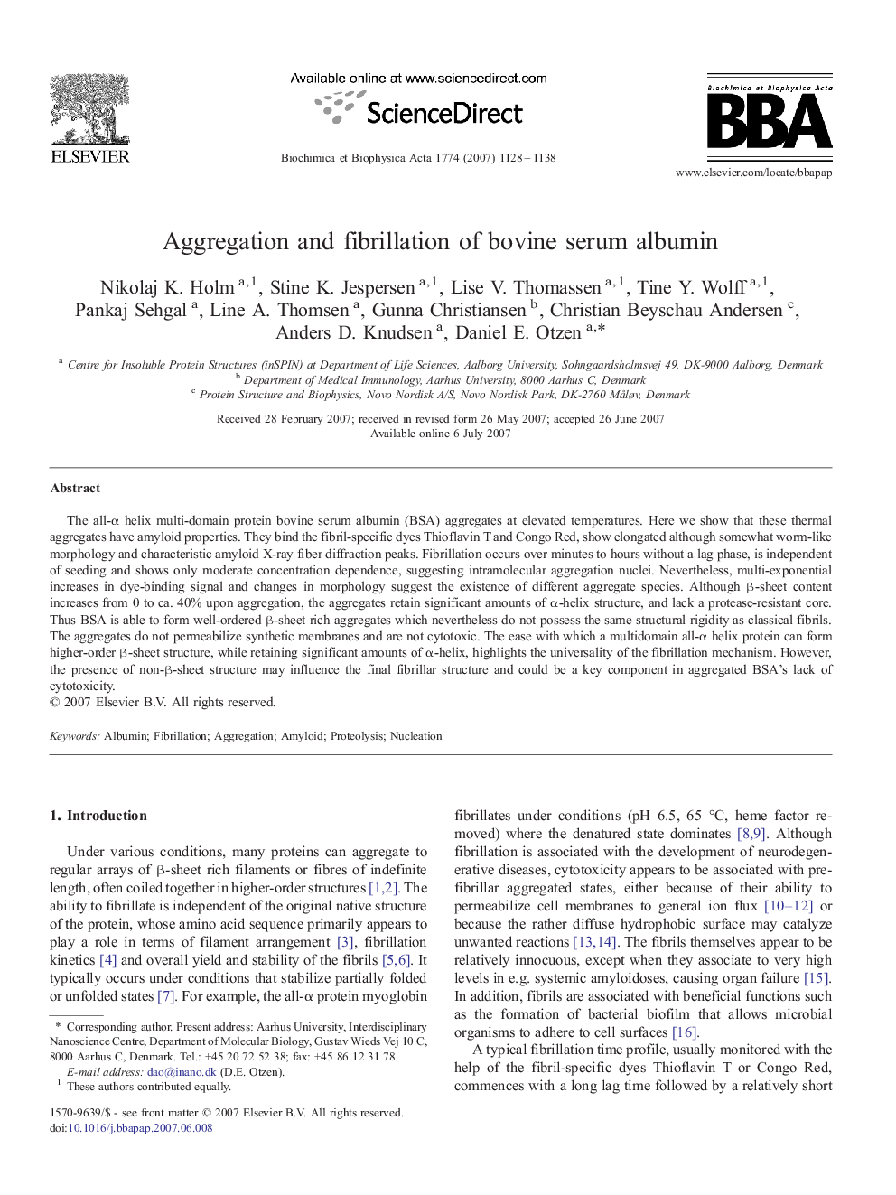 Aggregation and fibrillation of bovine serum albumin