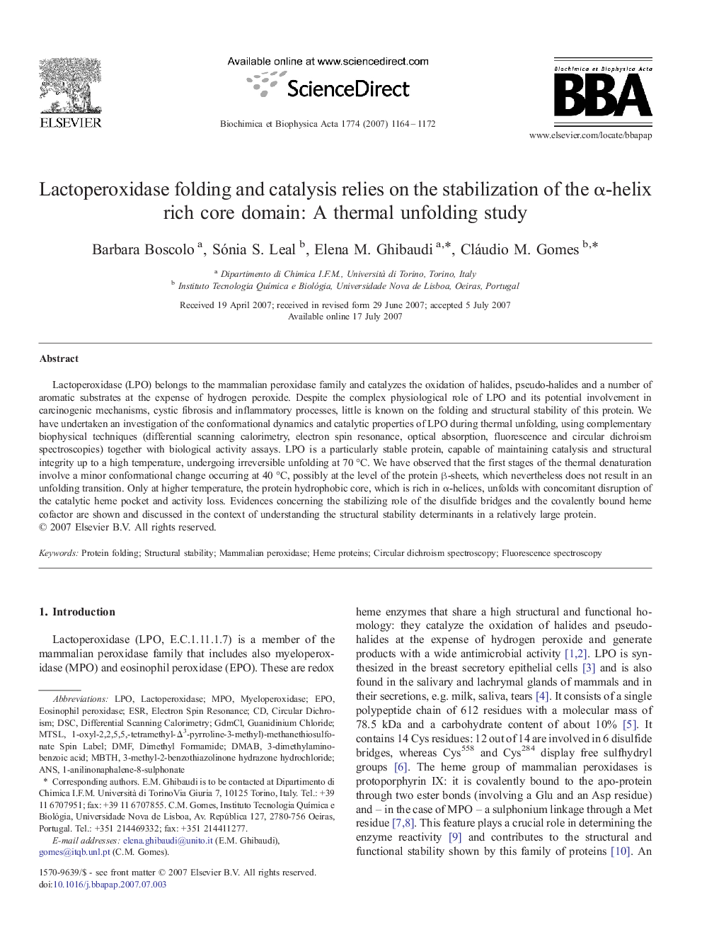 Lactoperoxidase folding and catalysis relies on the stabilization of the α-helix rich core domain: A thermal unfolding study