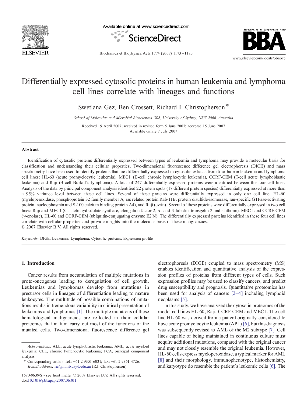 Differentially expressed cytosolic proteins in human leukemia and lymphoma cell lines correlate with lineages and functions