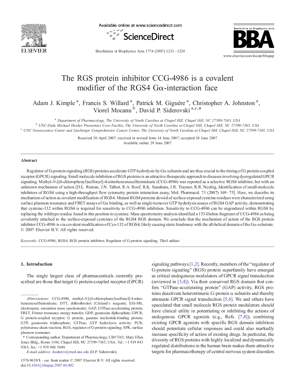 The RGS protein inhibitor CCG-4986 is a covalent modifier of the RGS4 Gα-interaction face