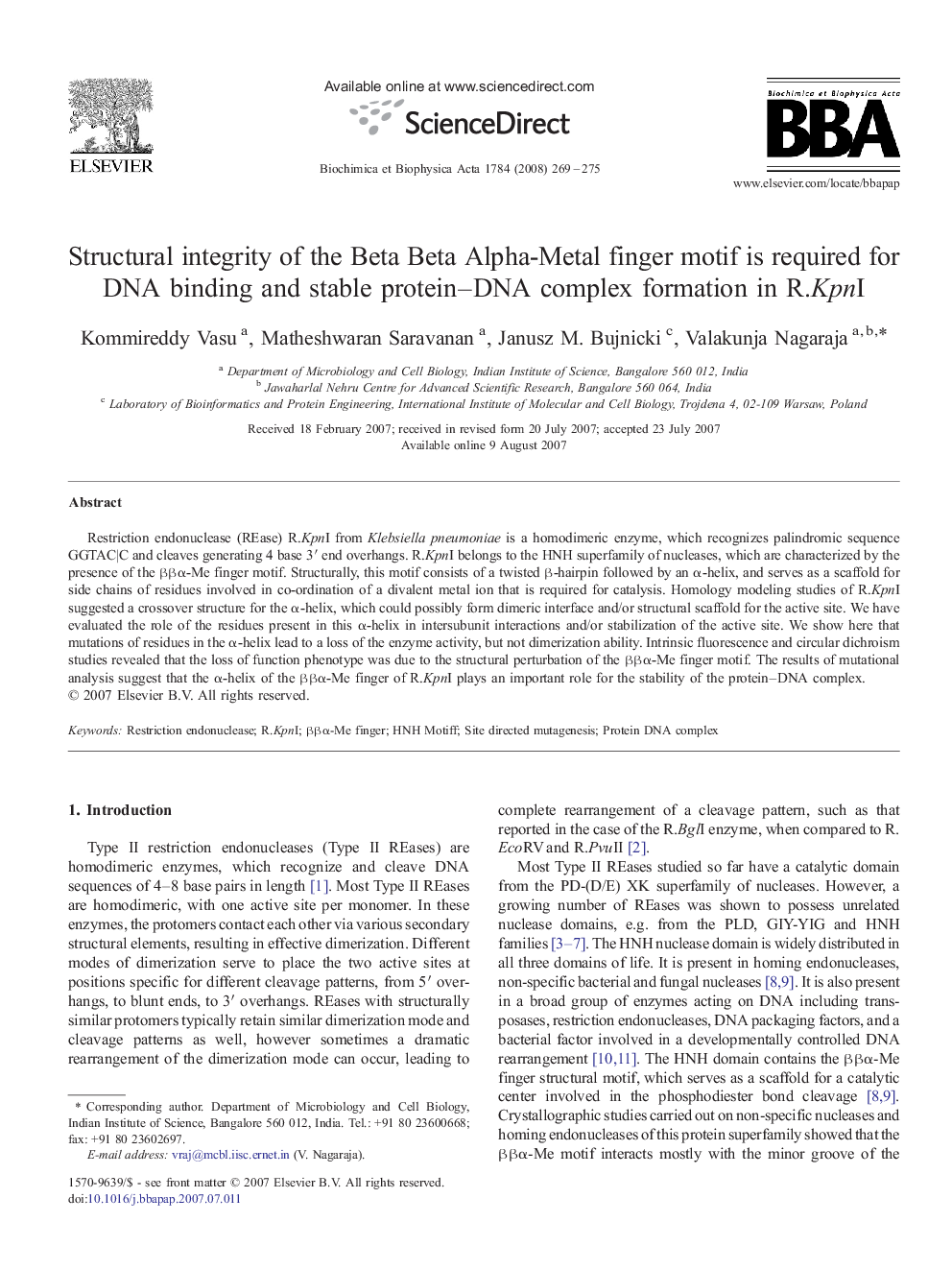 Structural integrity of the Beta Beta Alpha-Metal finger motif is required for DNA binding and stable protein–DNA complex formation in R.KpnI