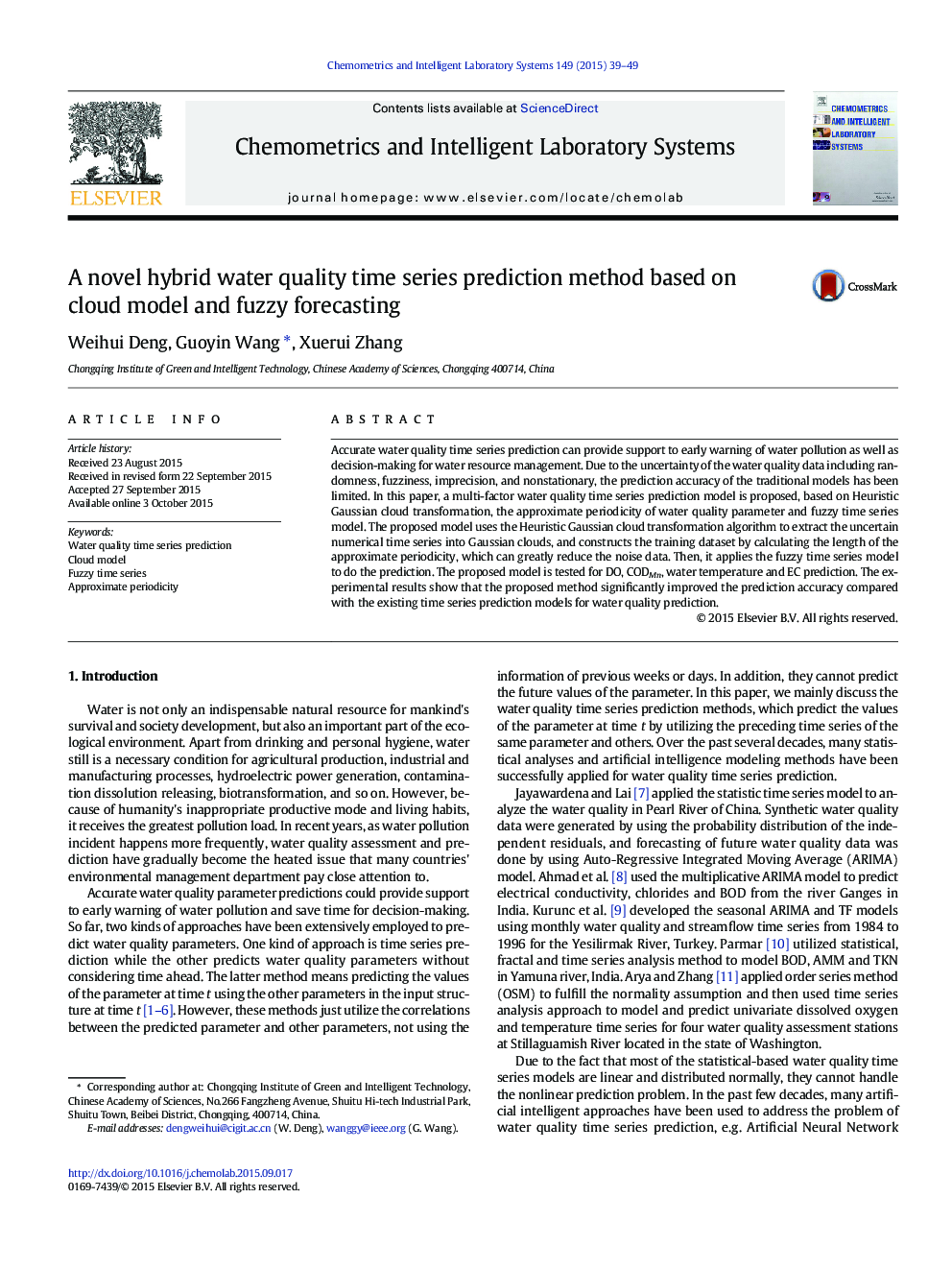 A novel hybrid water quality time series prediction method based on cloud model and fuzzy forecasting