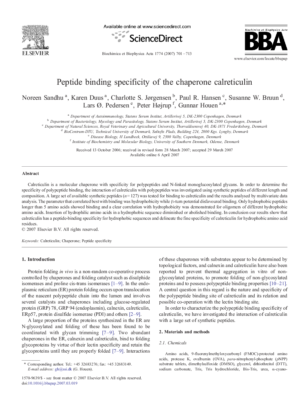 Peptide binding specificity of the chaperone calreticulin