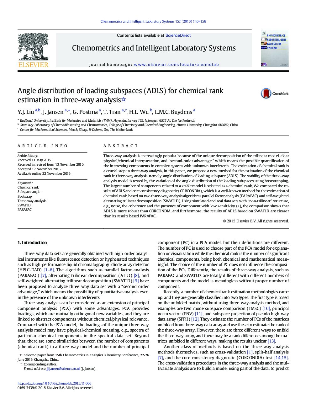 Angle distribution of loading subspaces (ADLS) for chemical rank estimation in three-way analysis 