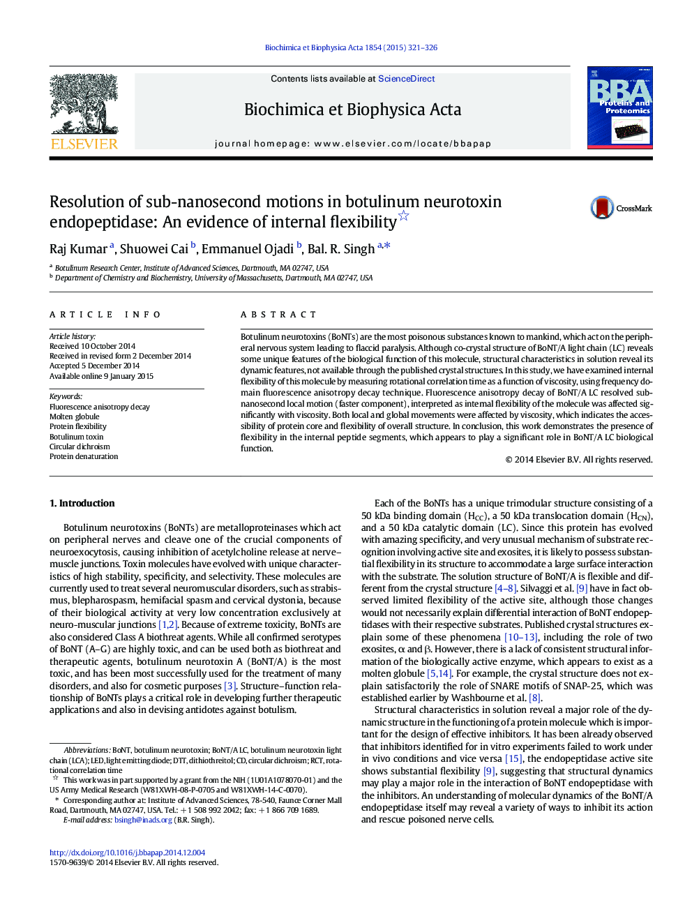 حل حرکات نیمه نانو ساکن در اندوپپتیداز نوروتوکسین بوتولینوم: شواهدی از انعطاف پذیری داخلی 