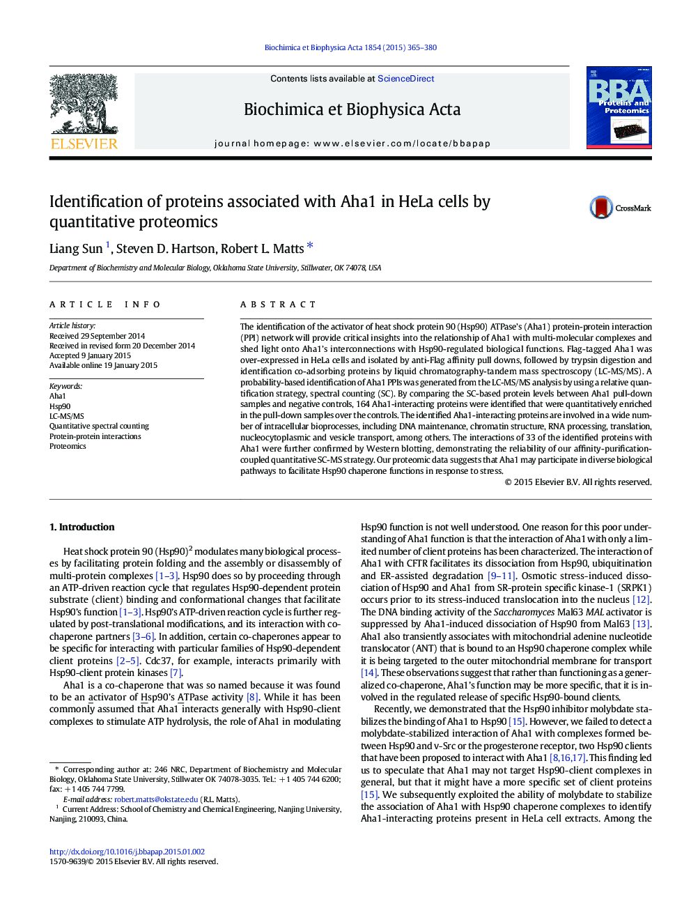 Identification of proteins associated with Aha1 in HeLa cells by quantitative proteomics