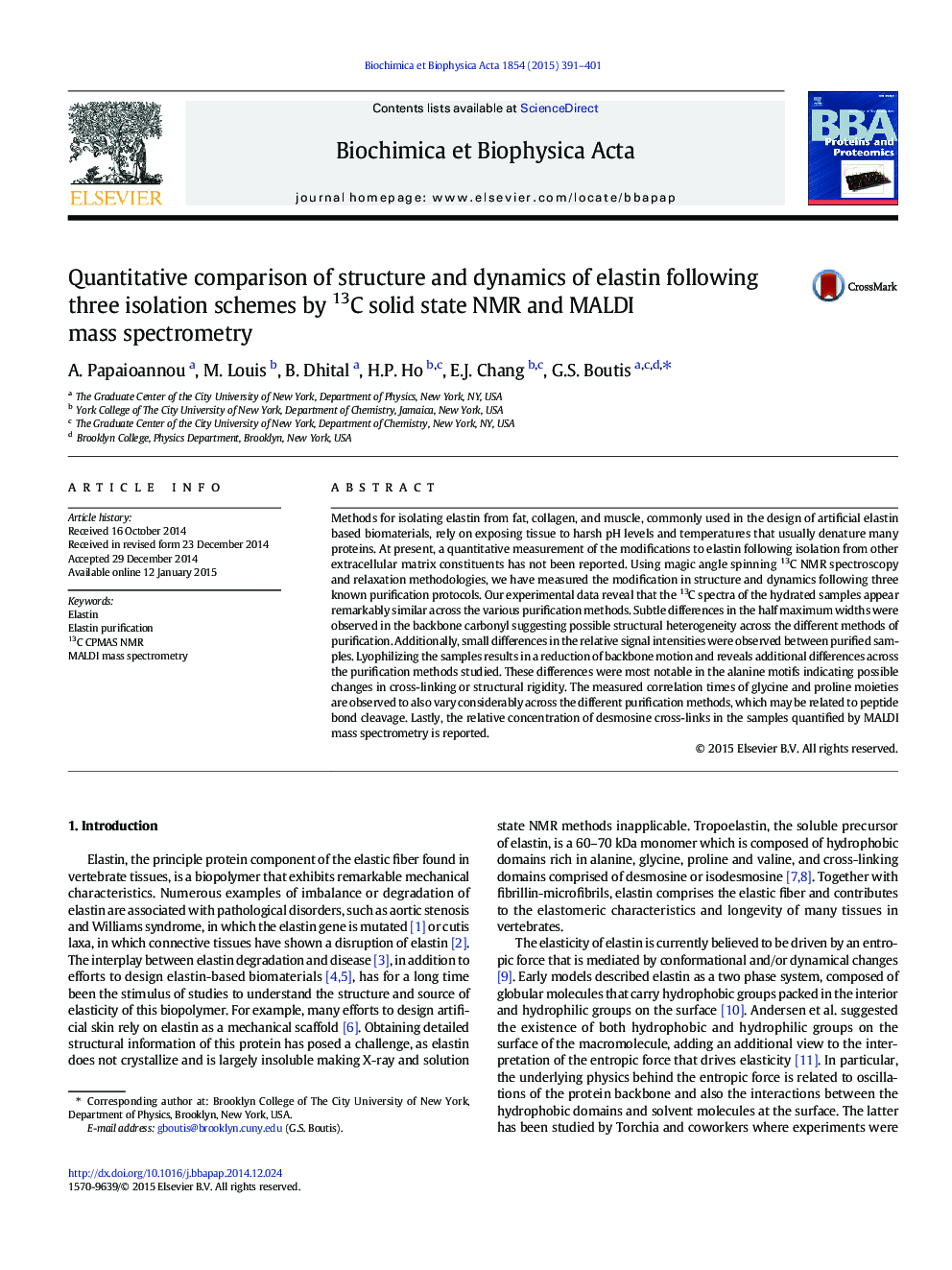 Quantitative comparison of structure and dynamics of elastin following three isolation schemes by 13C solid state NMR and MALDI mass spectrometry