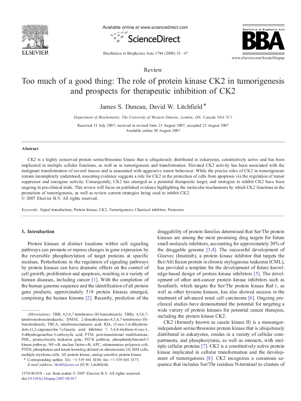 عکس صفحه اول مقاله: Too much of a good thing: The role of protein kinase CK2 in tumorigenesis and prospects for therapeutic inhibition of CK2 Too much of a good thing: The role of protein kinase CK2 in tumorigenesis and prospects for therapeutic inhibition of CK2