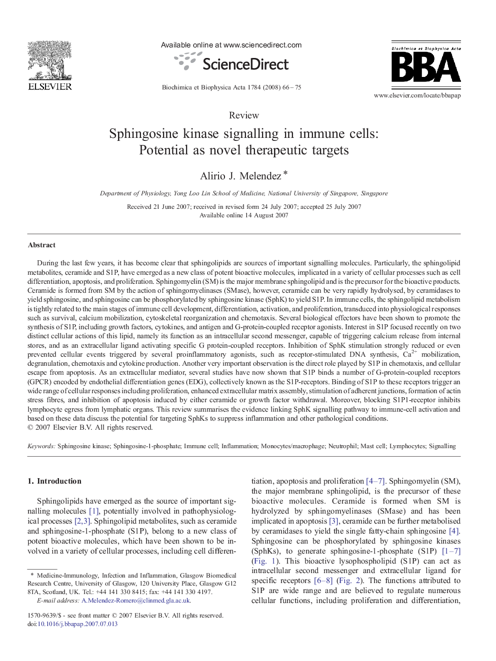 Sphingosine kinase signalling in immune cells: Potential as novel therapeutic targets