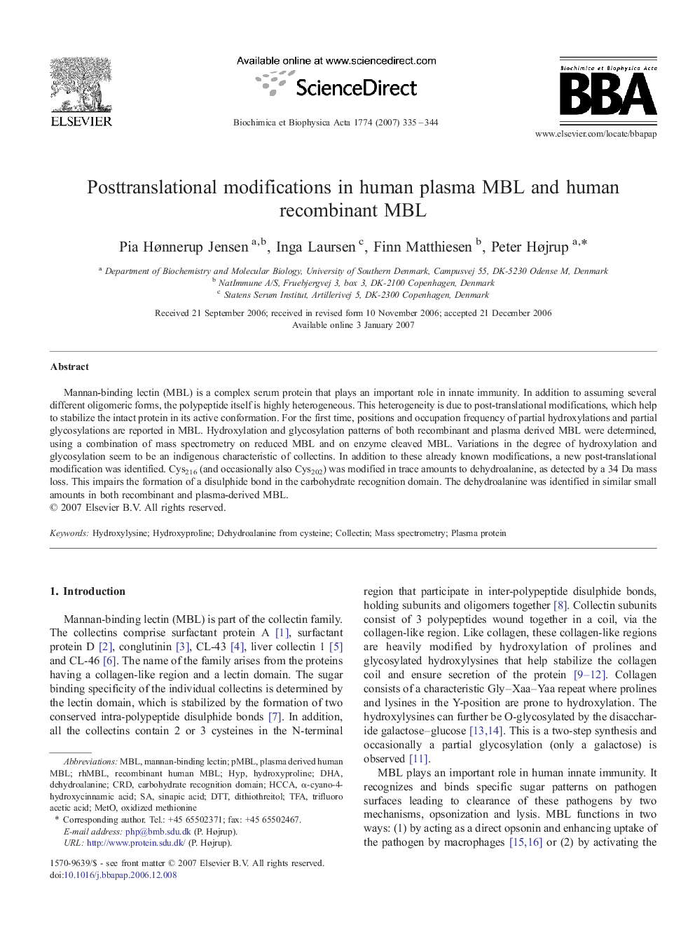 Posttranslational modifications in human plasma MBL and human recombinant MBL