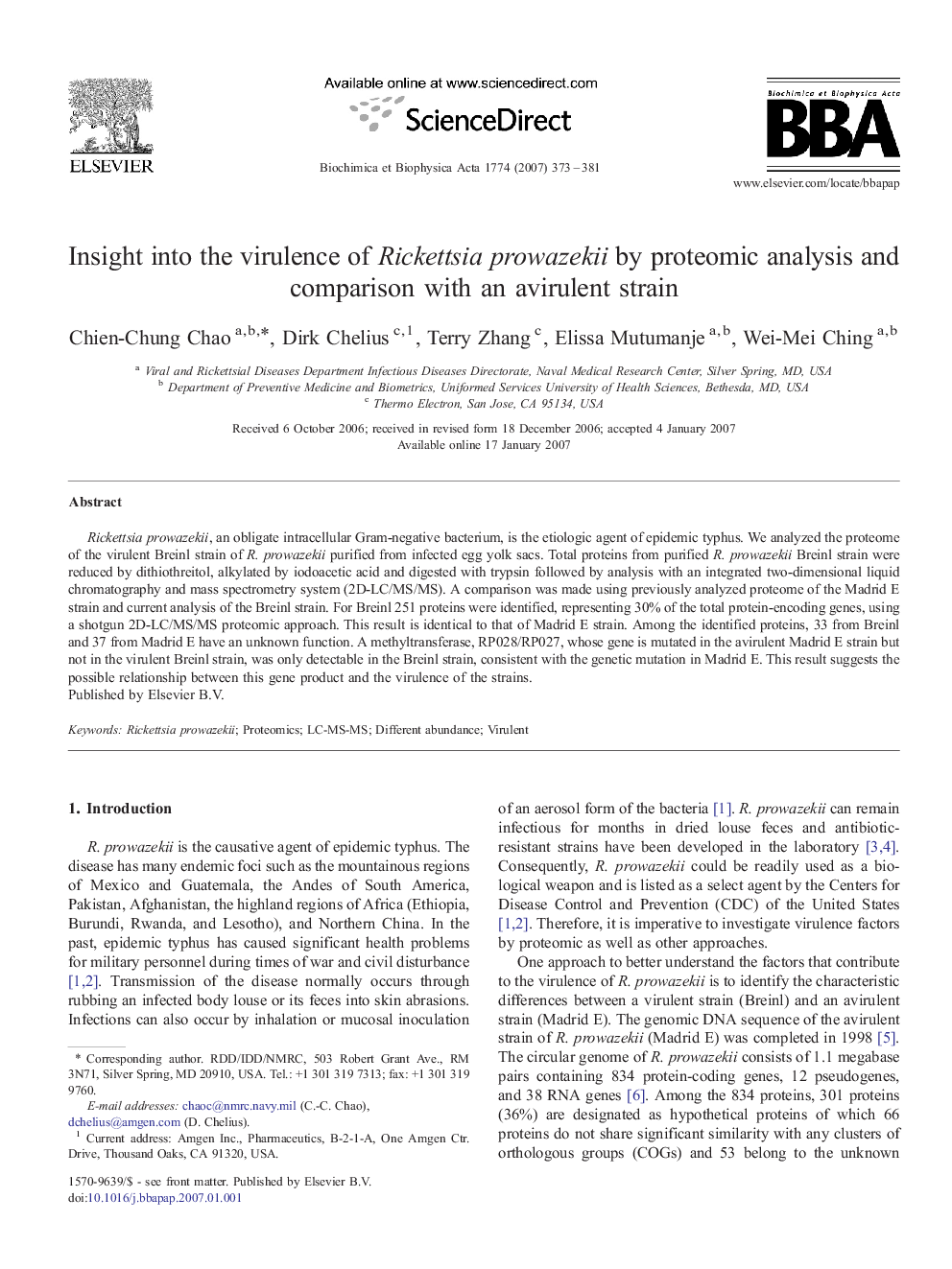 Insight into the virulence of Rickettsia prowazekii by proteomic analysis and comparison with an avirulent strain