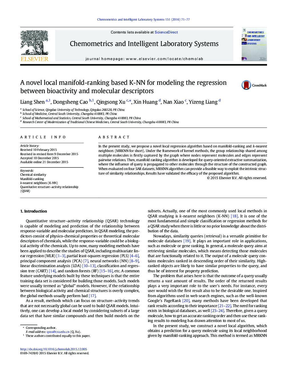 A novel local manifold-ranking based K-NN for modeling the regression between bioactivity and molecular descriptors