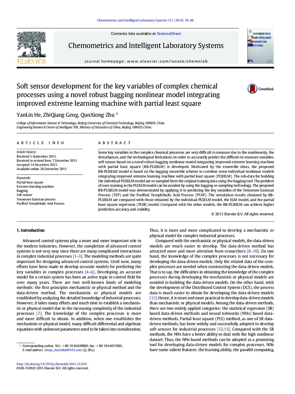 Soft sensor development for the key variables of complex chemical processes using a novel robust bagging nonlinear model integrating improved extreme learning machine with partial least square