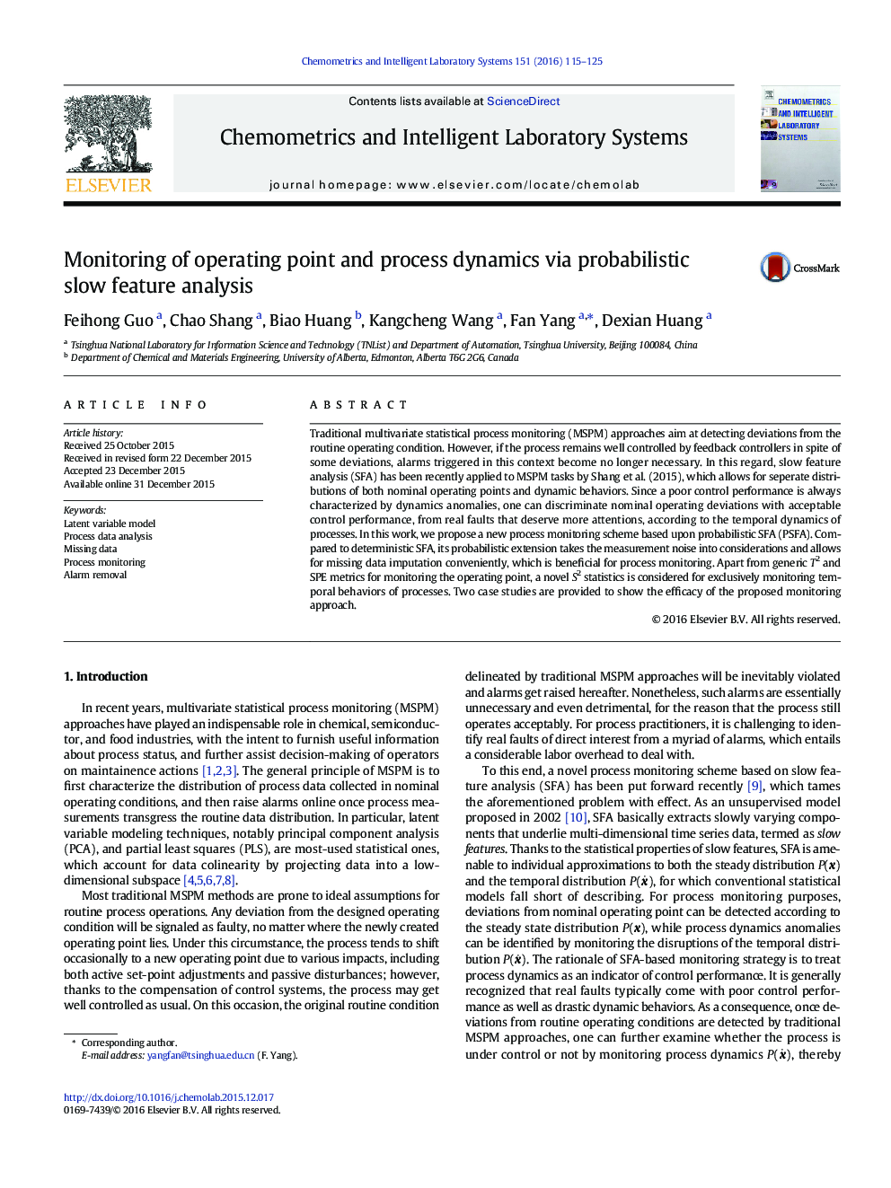 Monitoring of operating point and process dynamics via probabilistic slow feature analysis