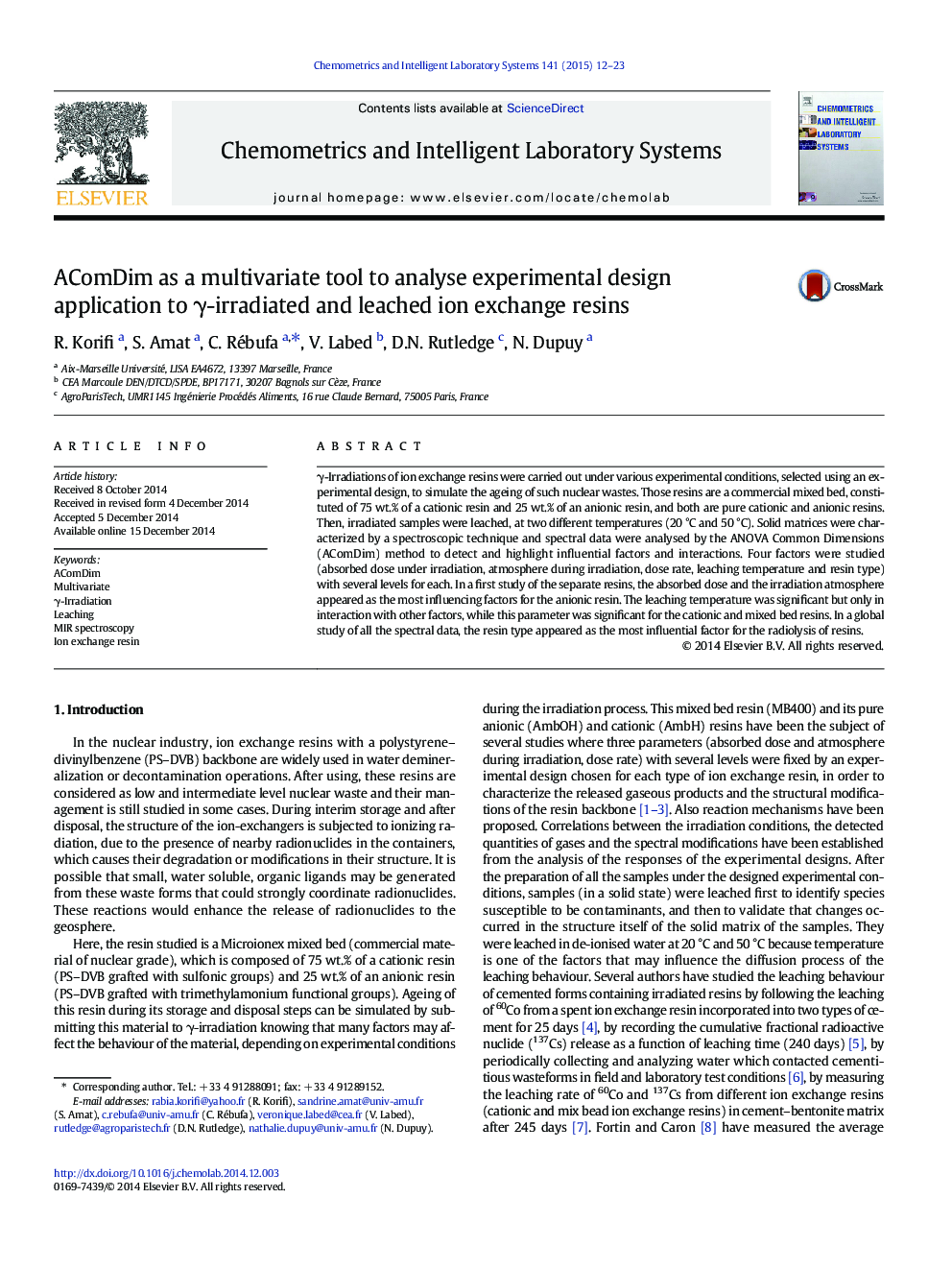 AComDim as a multivariate tool to analyse experimental design application to γ-irradiated and leached ion exchange resins