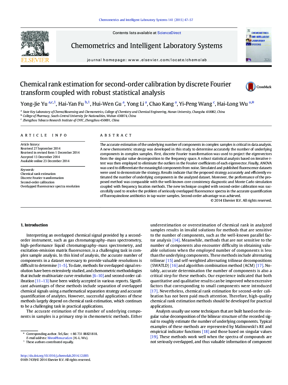 Chemical rank estimation for second-order calibration by discrete Fourier transform coupled with robust statistical analysis