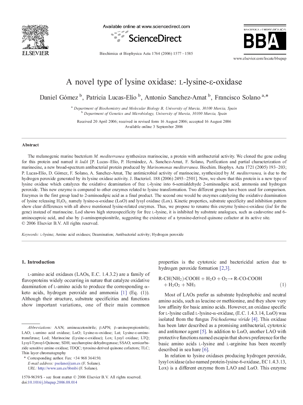 A novel type of lysine oxidase: l-lysine-ε-oxidase