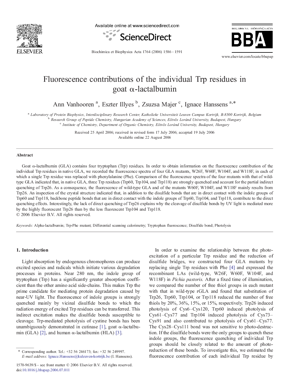 Fluorescence contributions of the individual Trp residues in goat α-lactalbumin