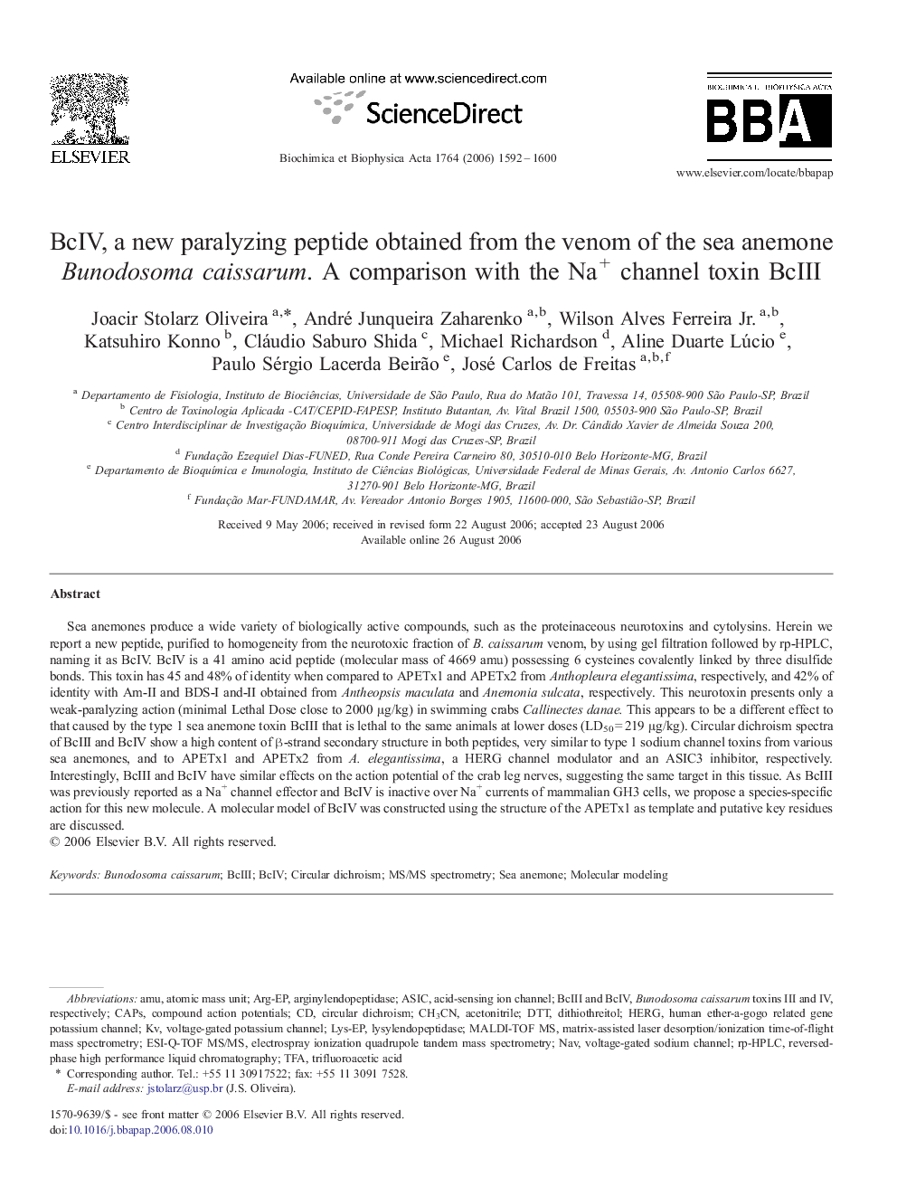 BcIV, a new paralyzing peptide obtained from the venom of the sea anemone Bunodosoma caissarum. A comparison with the Na+ channel toxin BcIII