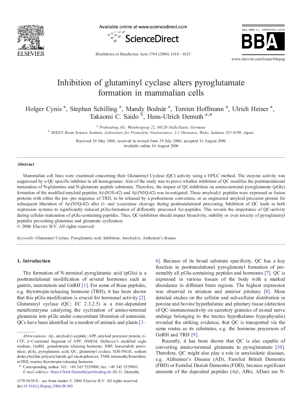 Inhibition of glutaminyl cyclase alters pyroglutamate formation in mammalian cells