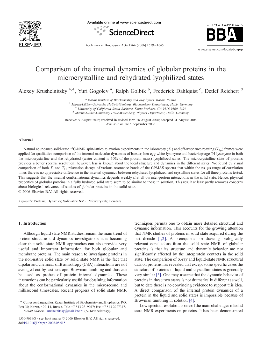 Comparison of the internal dynamics of globular proteins in the microcrystalline and rehydrated lyophilized states