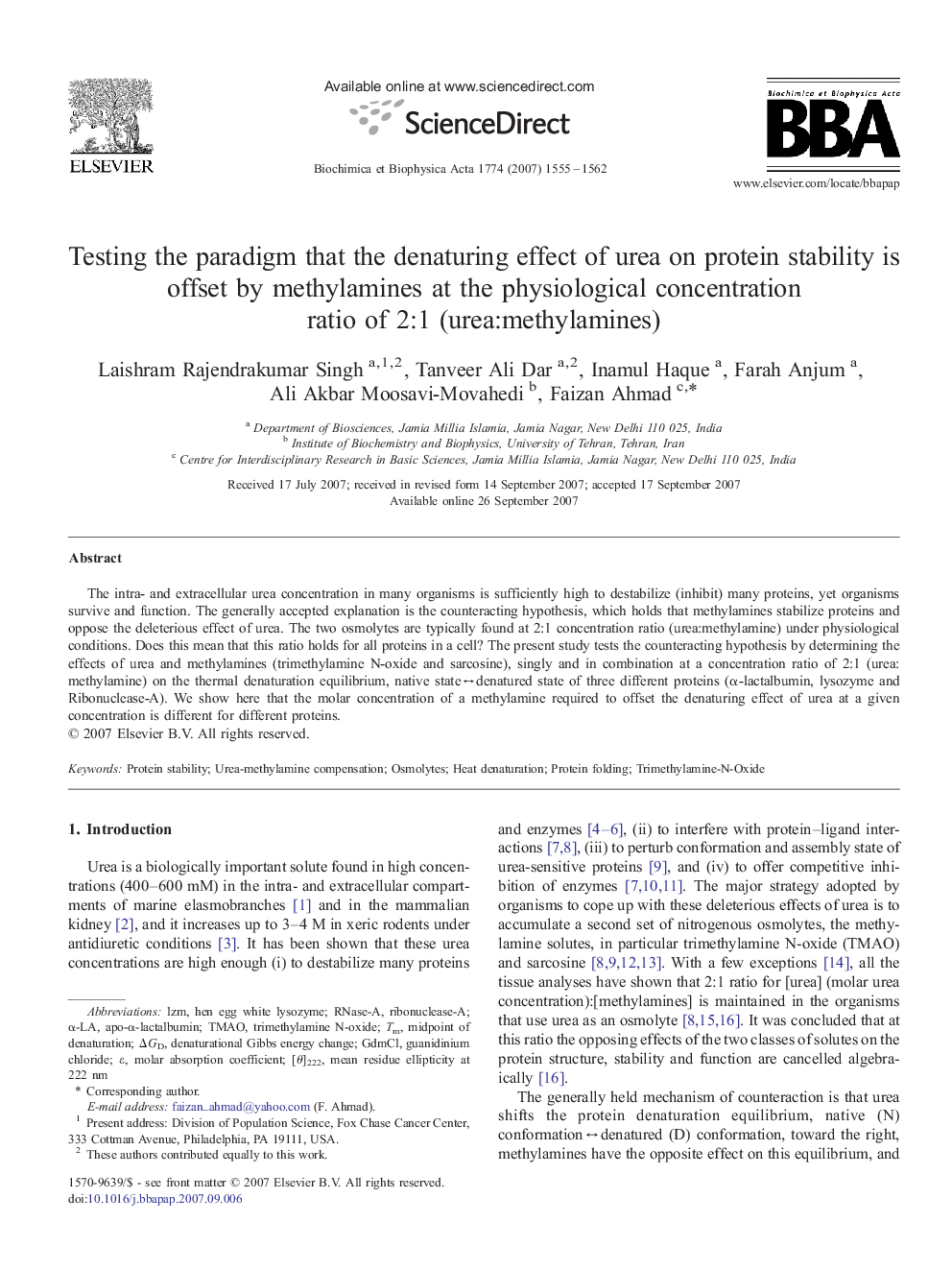 Testing the paradigm that the denaturing effect of urea on protein stability is offset by methylamines at the physiological concentration ratio of 2:1 (urea:methylamines)