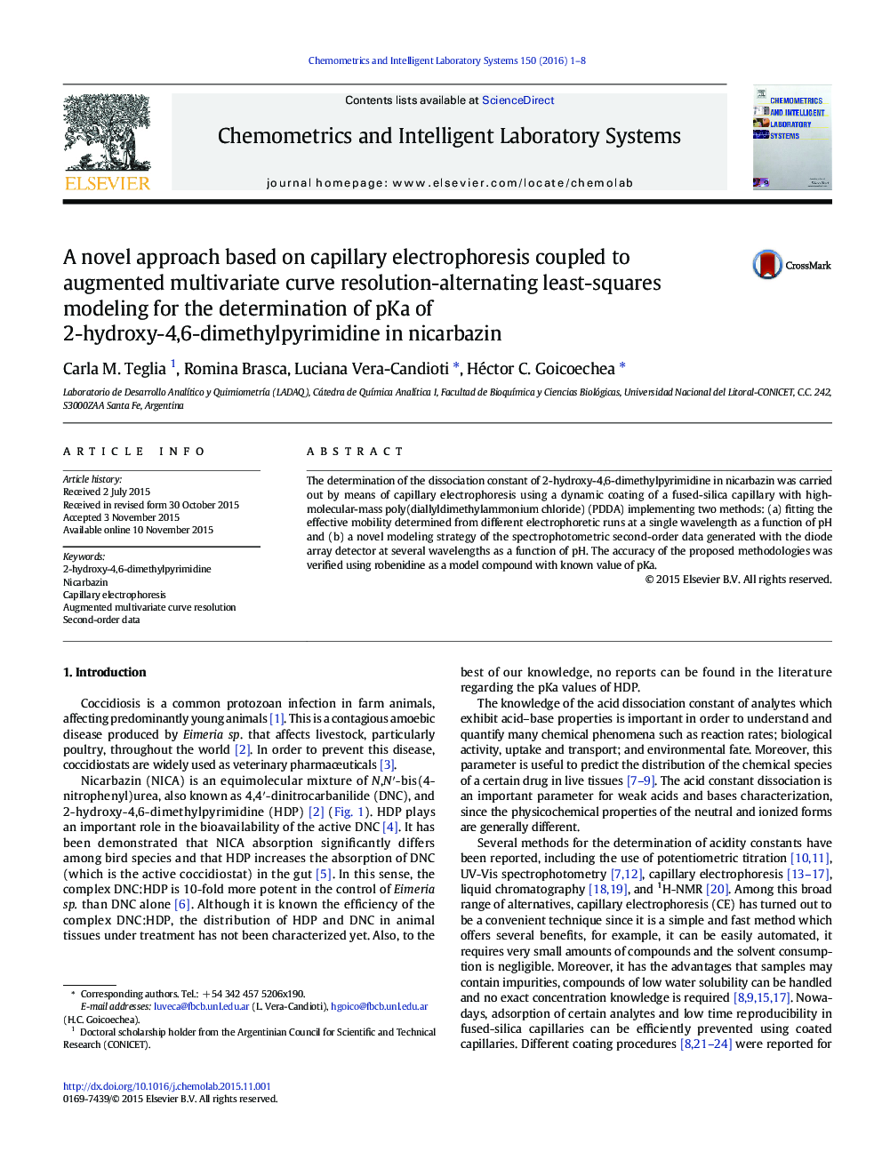 A novel approach based on capillary electrophoresis coupled to augmented multivariate curve resolution-alternating least-squares modeling for the determination of pKa of 2-hydroxy-4,6-dimethylpyrimidine in nicarbazin