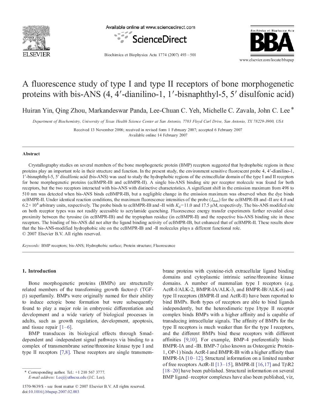 A fluorescence study of type I and type II receptors of bone morphogenetic proteins with bis-ANS (4, 4′-dianilino-1, 1′-bisnaphthyl-5, 5′ disulfonic acid)