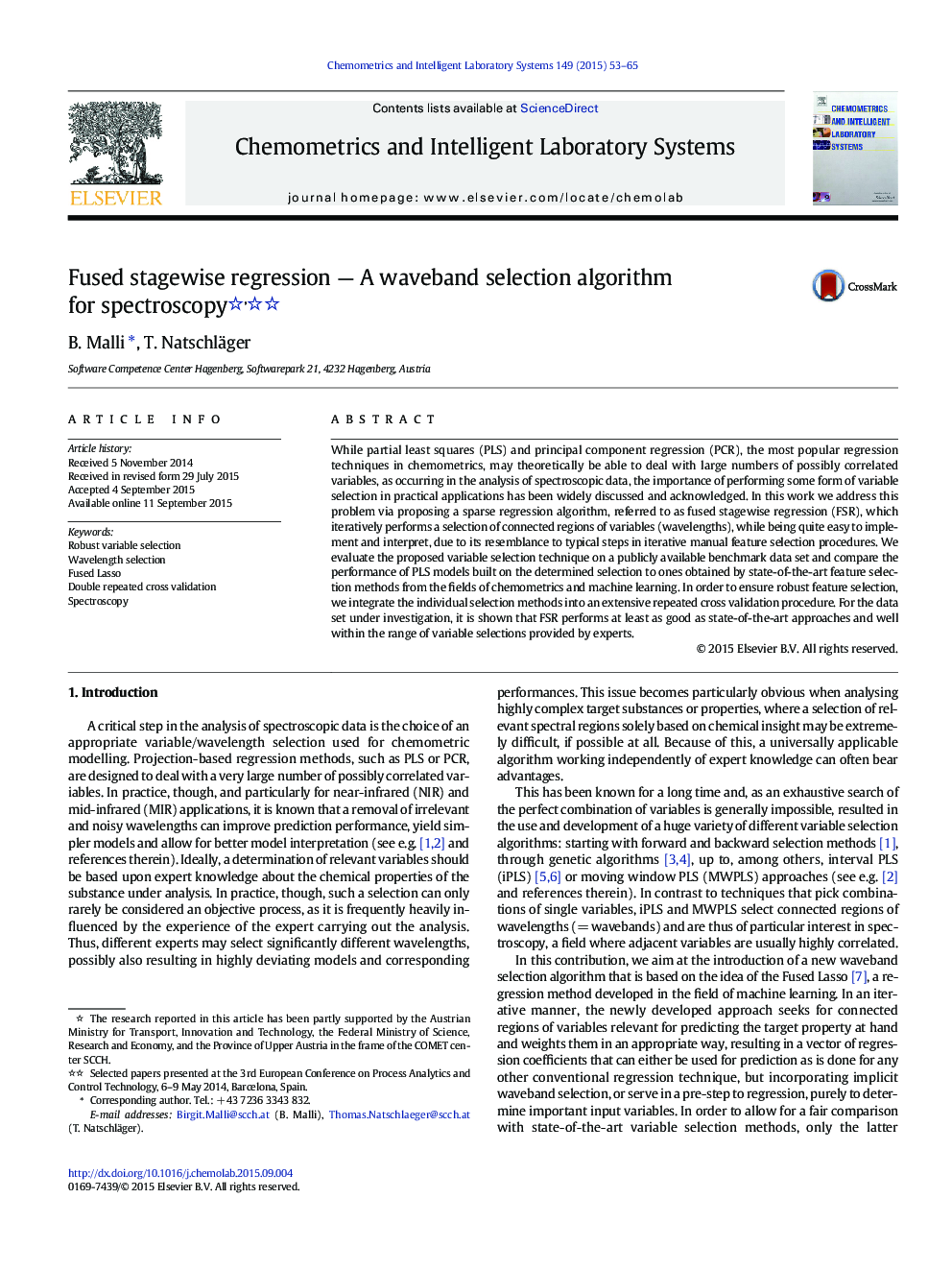 Fused stagewise regression — A waveband selection algorithm for spectroscopy 